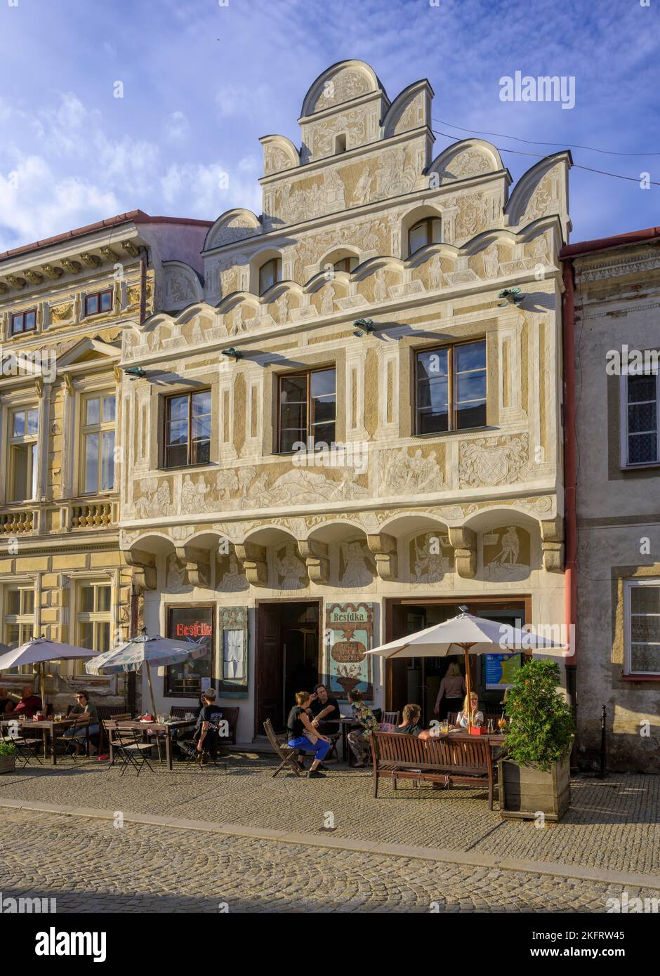 Historic Old Town with Sgraffito House by Besjdka Restaurant, Slavonice, Jiho?eský kraj, Czech Republic, Europe Stock Photo
