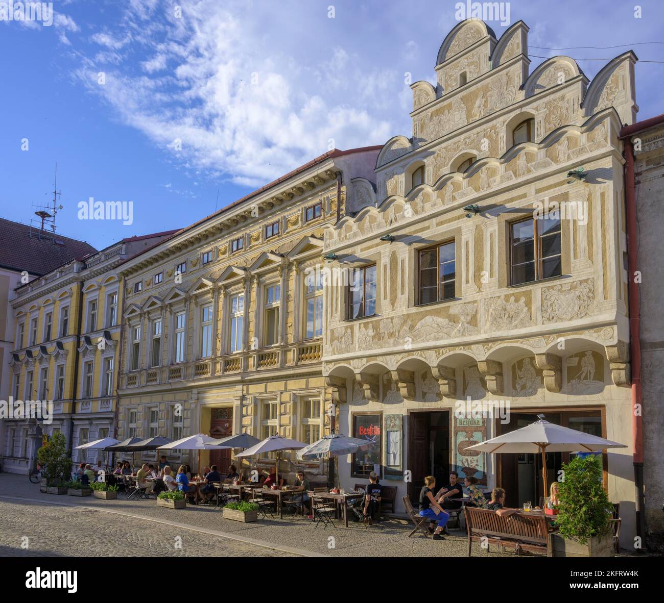 Historic Old Town with Sgraffito House by Besjdka Restaurant, Slavonice, Jiho?eský kraj, Czech Republic, Europe Stock Photo