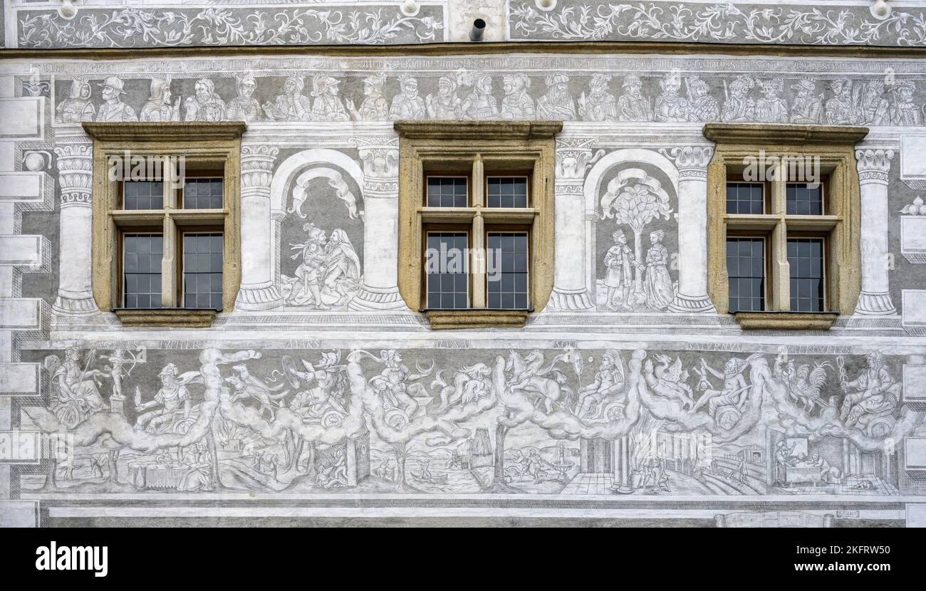 Historical Old Town with Sgraffito House, Slavonice, Jiho?eský kraj, Czech Republic, Europe Stock Photo