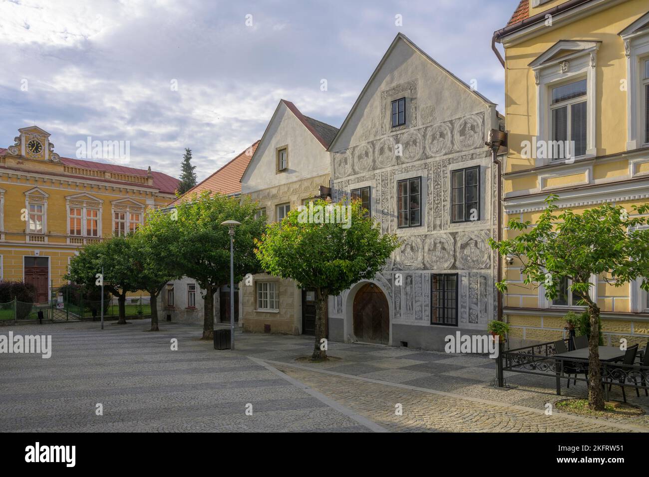 Historical Old Town with Sgraffito House, Slavonice, Jiho?eský kraj, Czech Republic, Europe Stock Photo