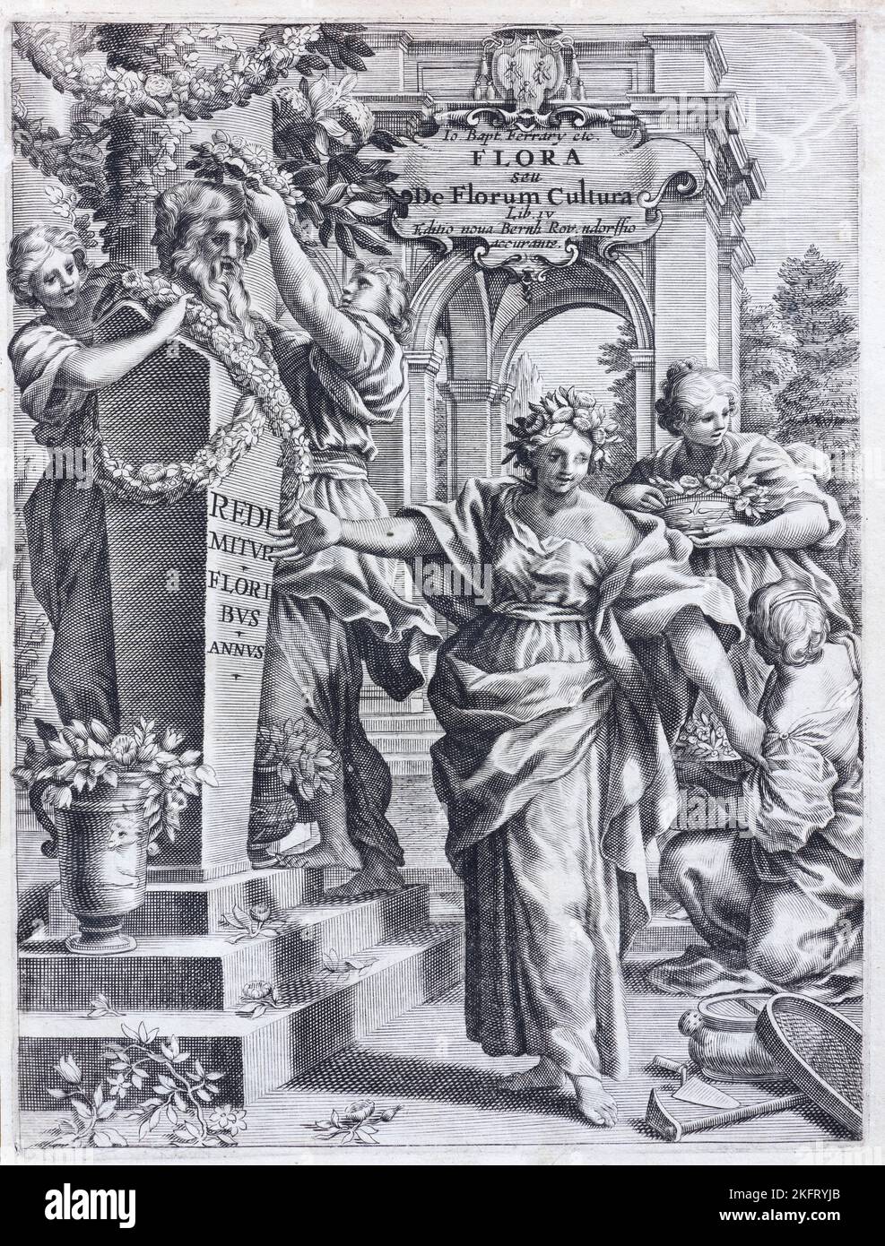 Goddess Flora, copperplate engraving, frontispiece, from Flora over Culture di fiori by Giovanni Battista Ferrari, Rome, 1638 Stock Photo