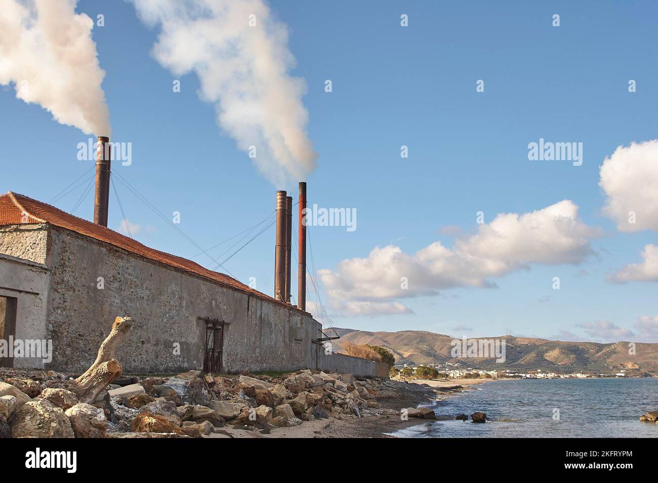 Olives (olivae), olive oil factory, olive oil mill, smoking chimneys