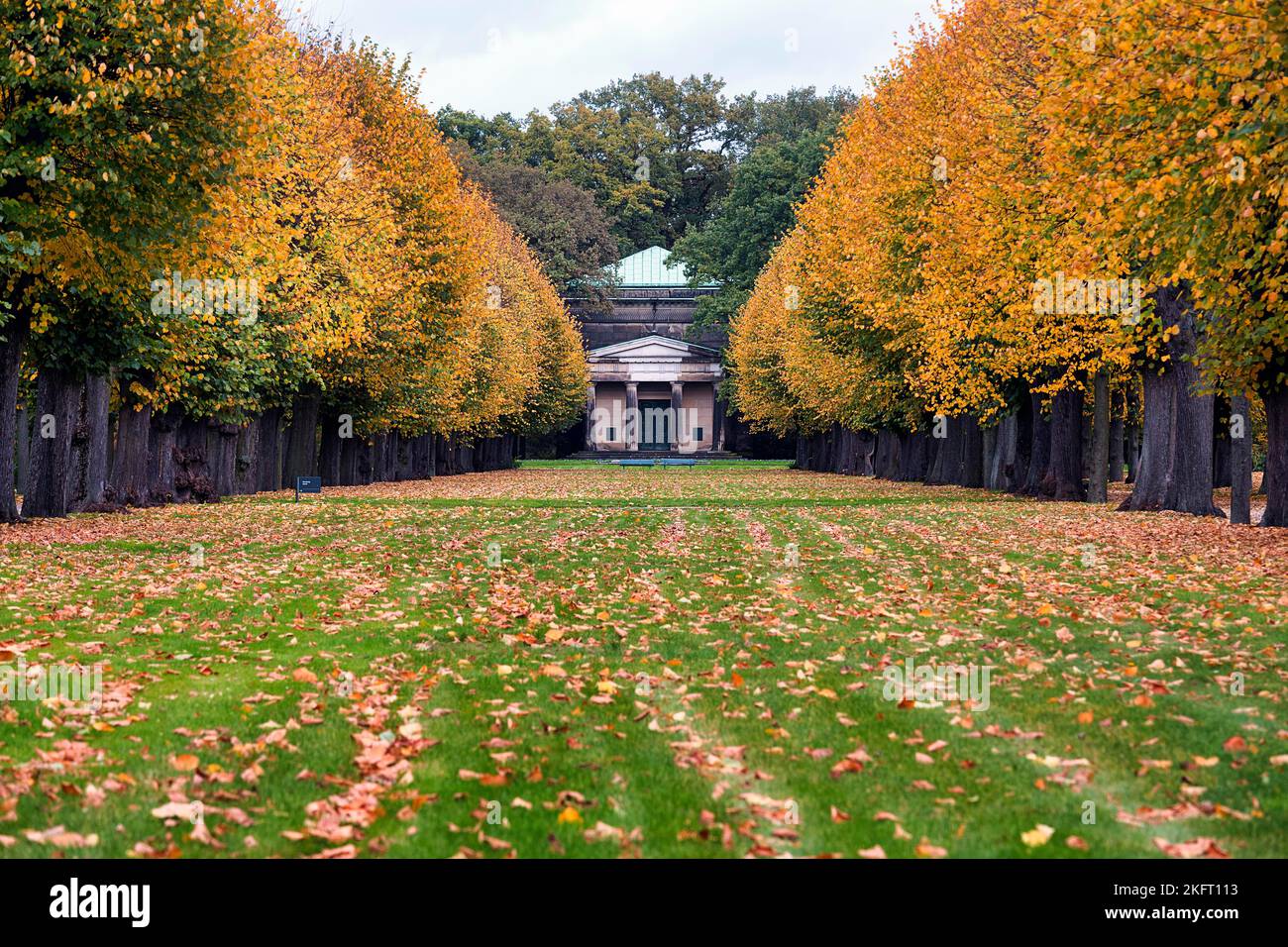Autumn leaves in a meadow in front of the Guelph Mausoleum, dreary weather, Berggarten, Herrenhäuser Gärten, Hanover, Lower Saxony, Germany, Europe Stock Photo