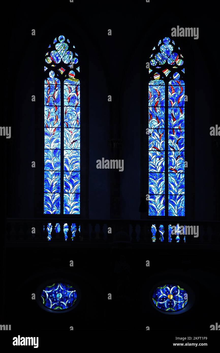 Marc Chagall, Charles Marq, window, church window, arts and crafts, stained glass, four, blue, St. Stephan, Stephanskirche, Old Town, Mainz, Rhine-Hes Stock Photo