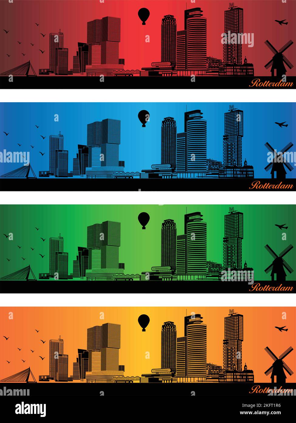 Rotterdam city in a four different colors illustration, Town in