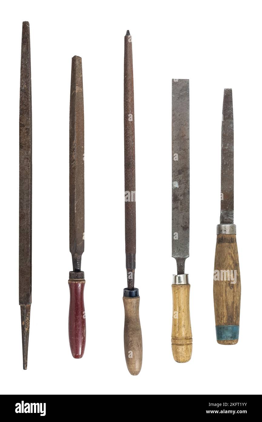 Set of old used rasp hand file tools. isolated on white background