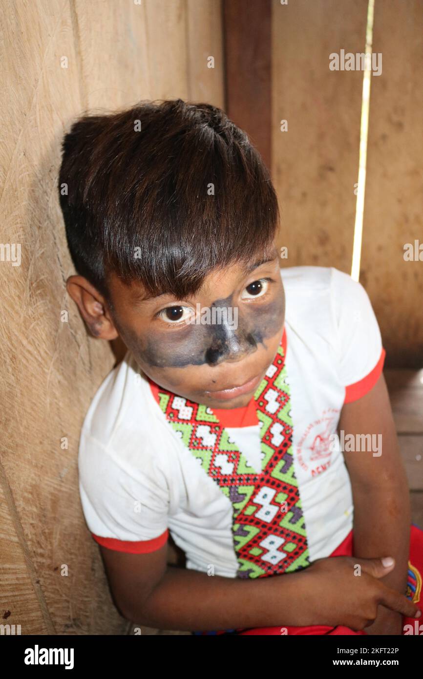 Indigenous people, small boy of the indigenous people Huni Kuin with traditional jewellery and face painting, Acre, Brazil, South America Stock Photo