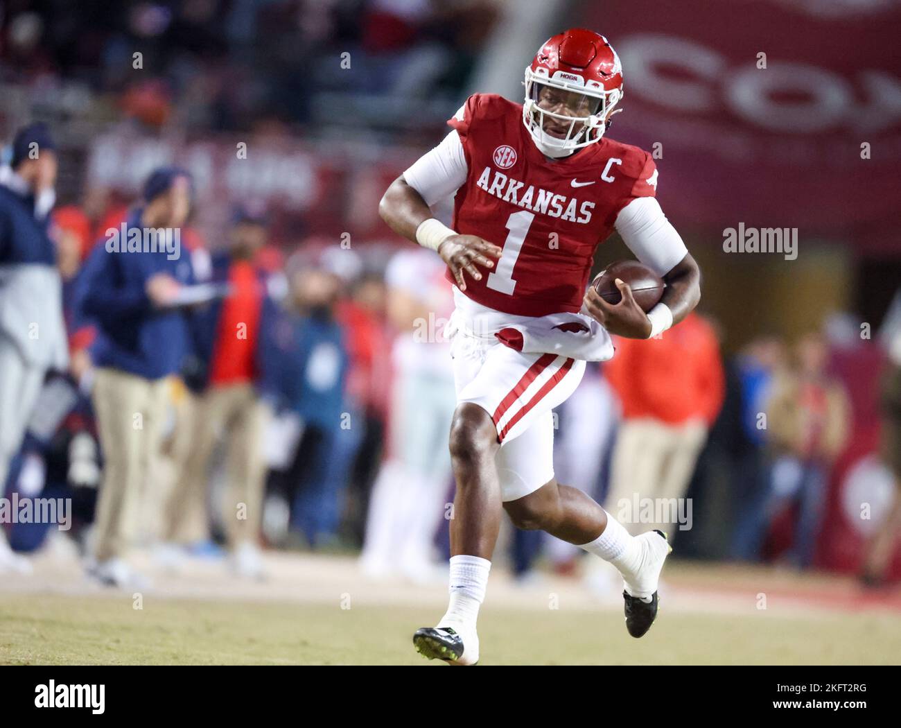 Defeated Razorback Fayetteville, AR, US, November 19, 2022: KJ Jefferson #1 Razorback QB ...