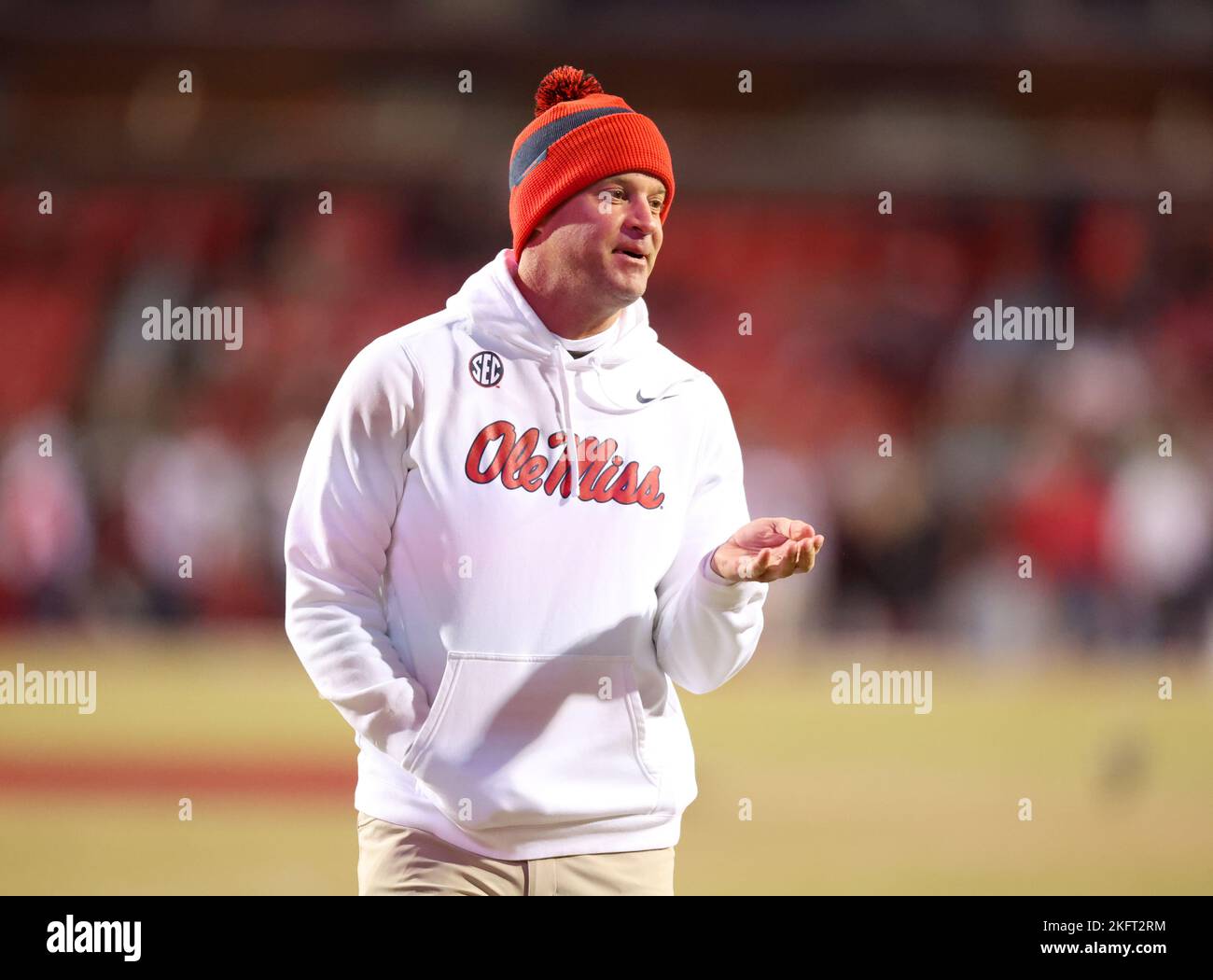 Fayetteville, AR, US, November 19, 2022: Ole Miss Head Coach Lane Kiffin smiles as he comes off the field. Arkansas defeated Ole Miss 42-27 in Fayetteville, AR, Richey Miller/CSM Stock Photo