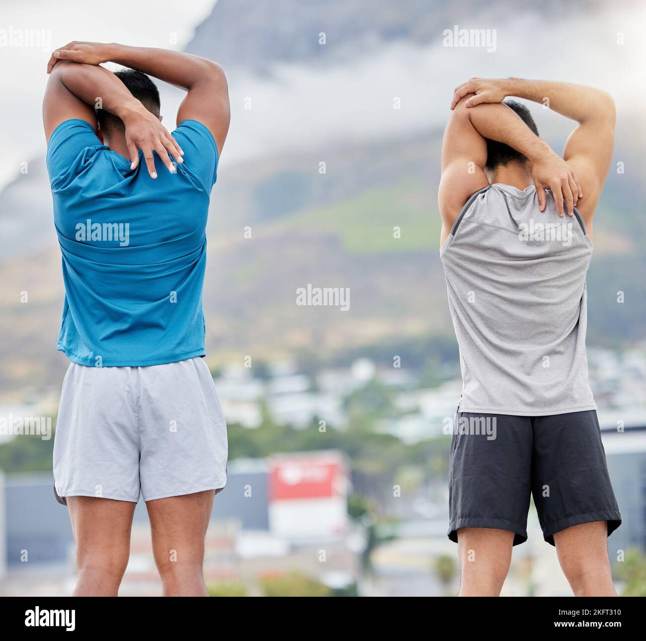 Arm stretching, fitness and friends in city for health or wellness. Back view, training and men