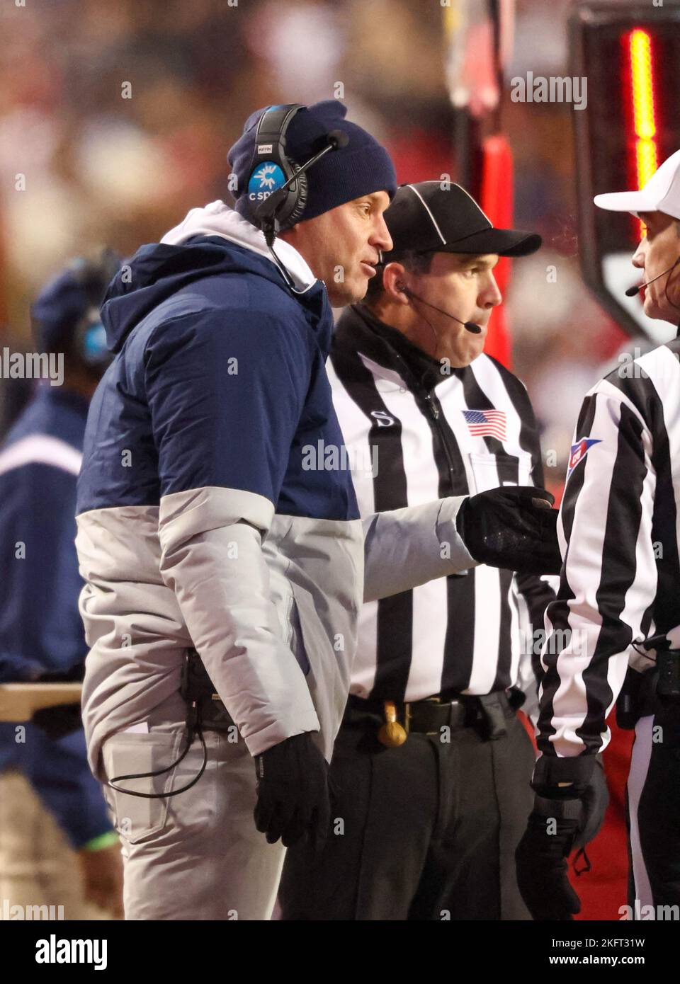Fayetteville, AR, US, November 19, 2022: Ole Miss Head Coach Lane Kiffin has a conversation with the officials along the sidelines. Arkansas defeated Ole Miss 42-27 in Fayetteville, AR, Richey Miller/CSM Stock Photo