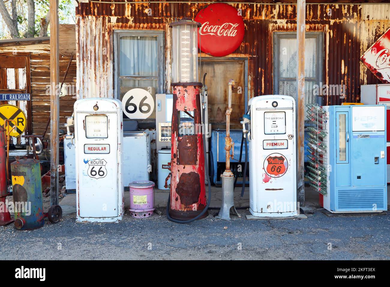 Antique gas station at Hackberry General Store on historic Route 66. Kingman, Arizona, USA, North America Stock Photo