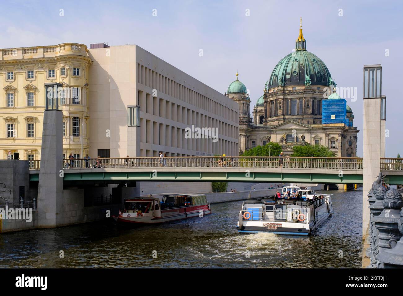 Excursion boats on the Spree, Humboldt Forum, Berlin Cathedral, Nikolai Quarter, Berlin, Germany, Europe Stock Photo