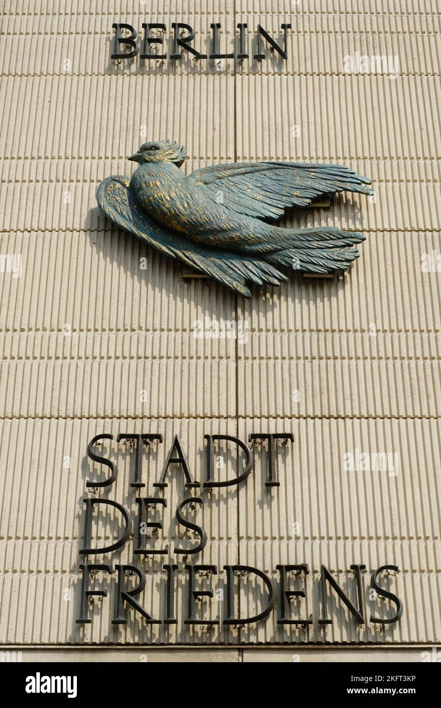 xcHouse façade with dove and lettering City of Peace, Nikolaiviertel quarter, Berlin, Germany, Europe Stock Photo