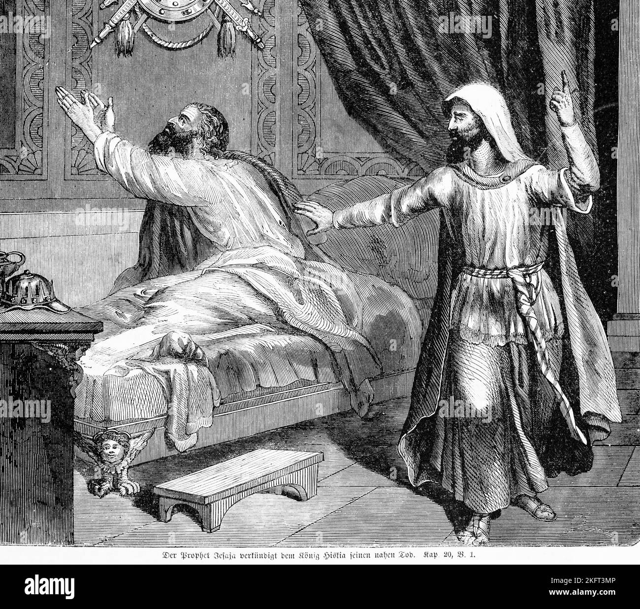 The prophet Isaiah proclaims to King Hezekiah his imminent death, sick, prophet Isaiah, son Amoz, speak, plead, couch, bed, chest of drawers, bedchamb Stock Photo
