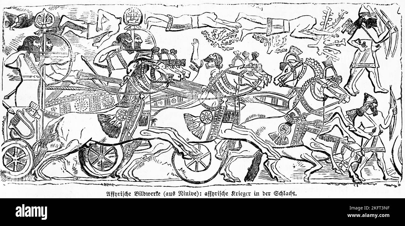 Assyrian sculpture, Assyrian criger in battle, racing chariot, horses, warriors, weapons, bow, arrow, shooting, war chariot, galloping, fighting, Bibl Stock Photo