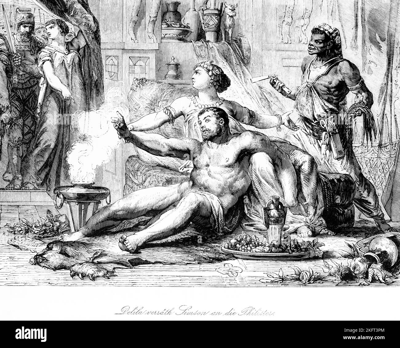 Delilah betrays Samson to the Philistines, interior, wealth, ornamentation, sit, show, betray, stand, smoke, fruit, bowl, tool, warrior, sword, hide, Stock Photo