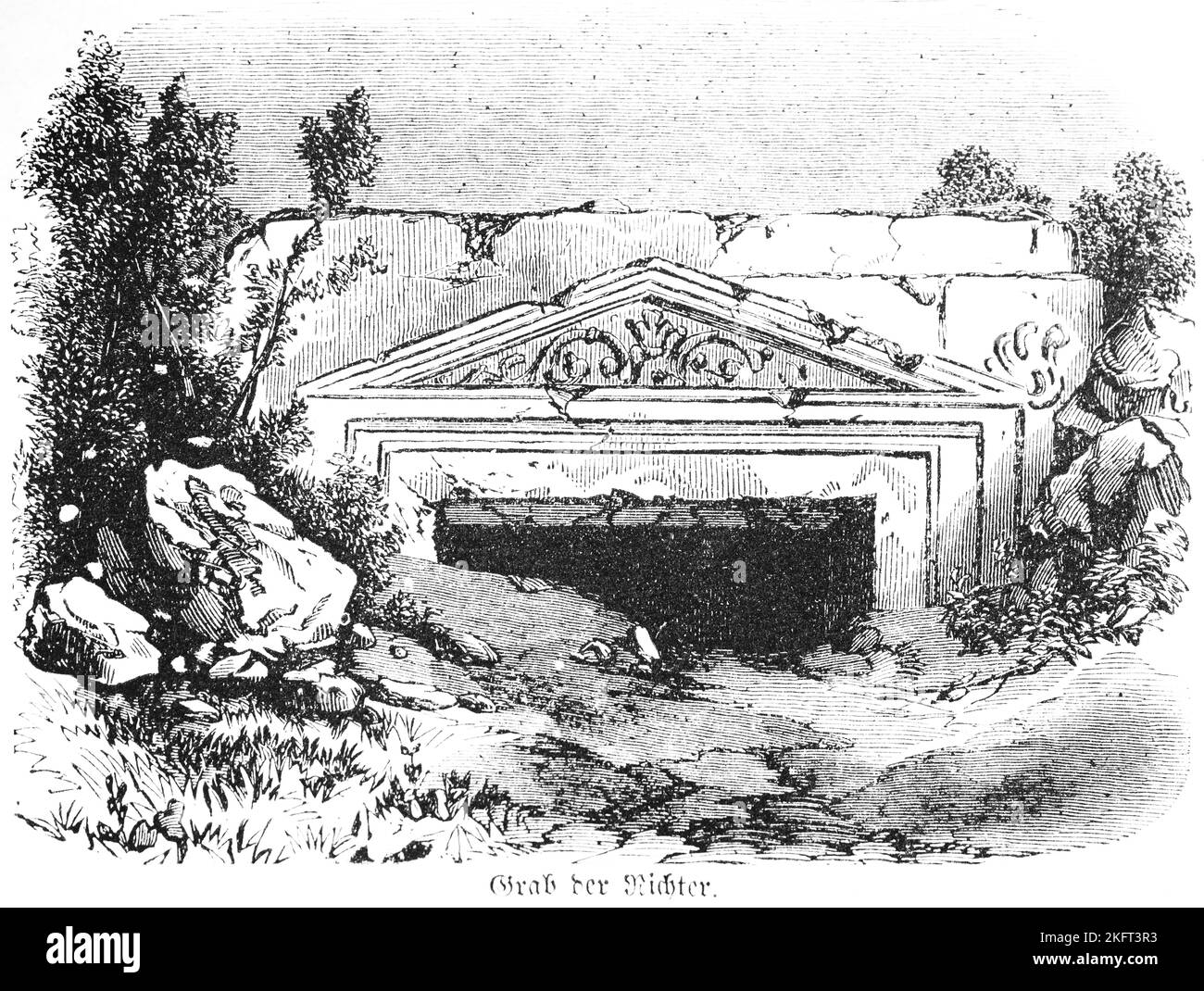 Tomb of the Judges, rocks, bushes, stone building, death, bible, old testament, book of judges, historical illustration around 1850, middle east Stock Photo