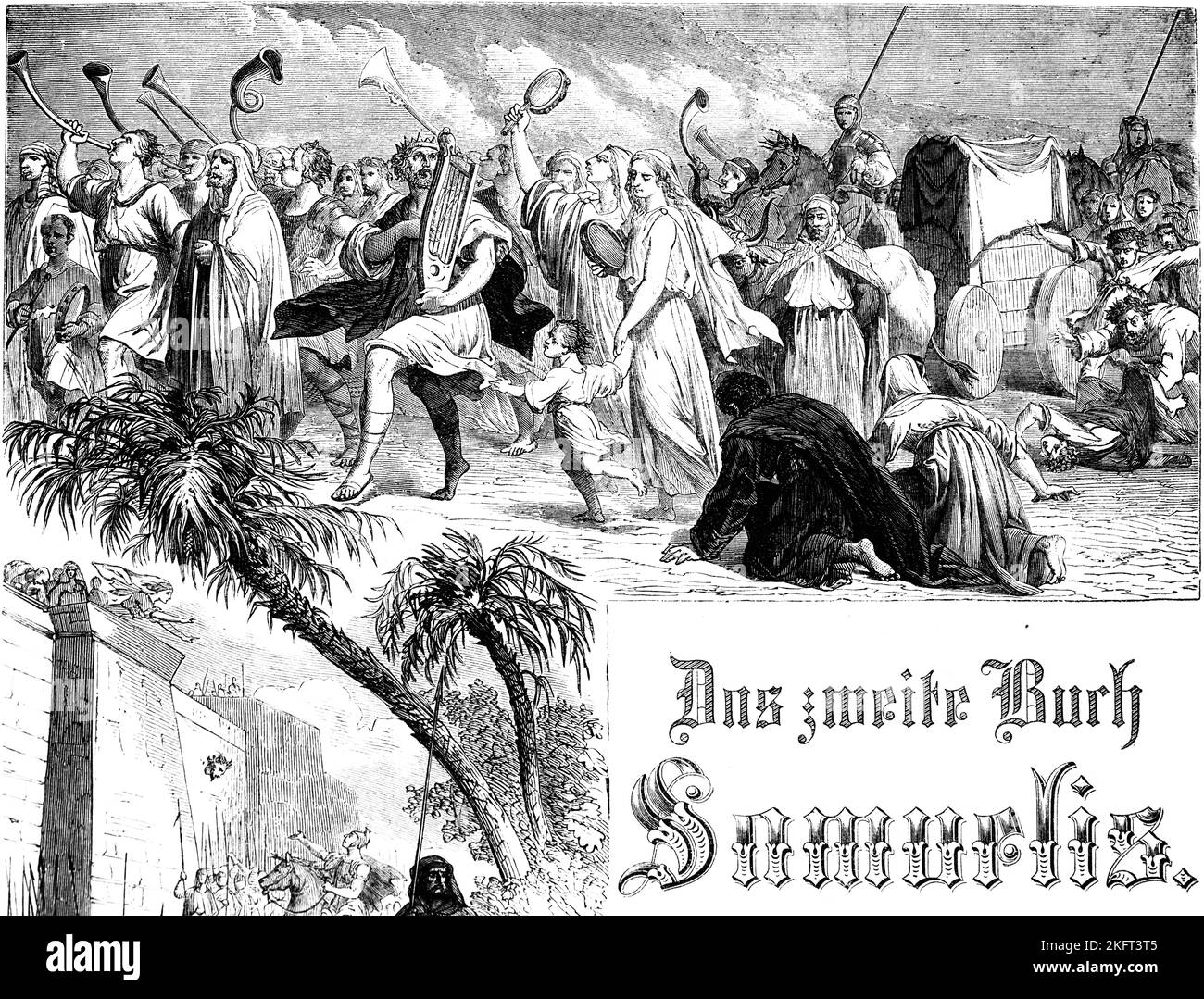 Title page, crowd, riders, chariot, trumpets, harp, wooden chariot, joy, rejoicing, Bible, Old Testament, Second Book of Samuel, historical illustrati Stock Photo