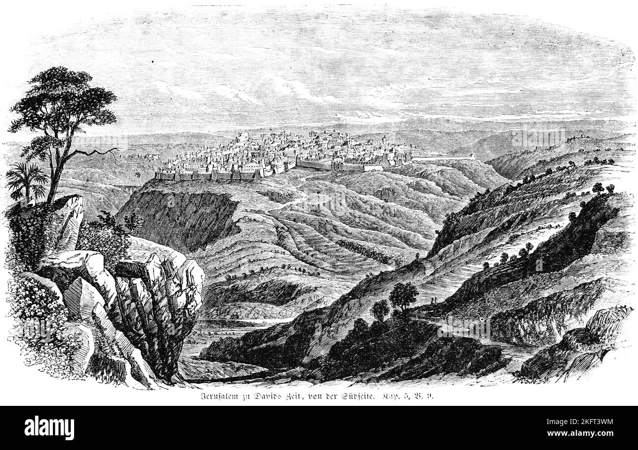 Jerusalem in David's time from the south side, landscape, mountains, valley, from above, city wall, rock, holy city, David, castle, Bible, Old Testame Stock Photo