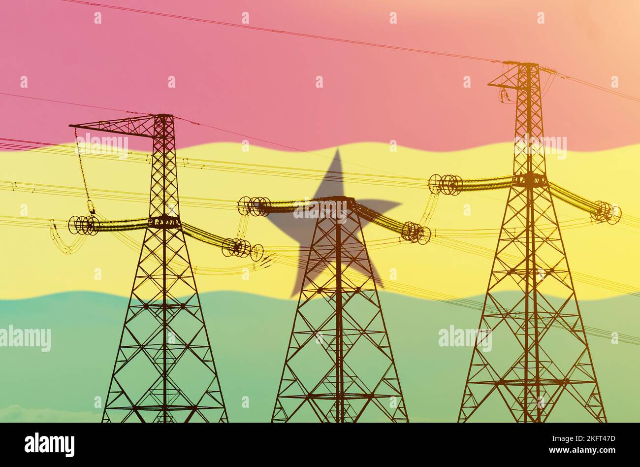 Industry and energy concept. Double exposure - power line, tower and flag Ghana Stock Photo