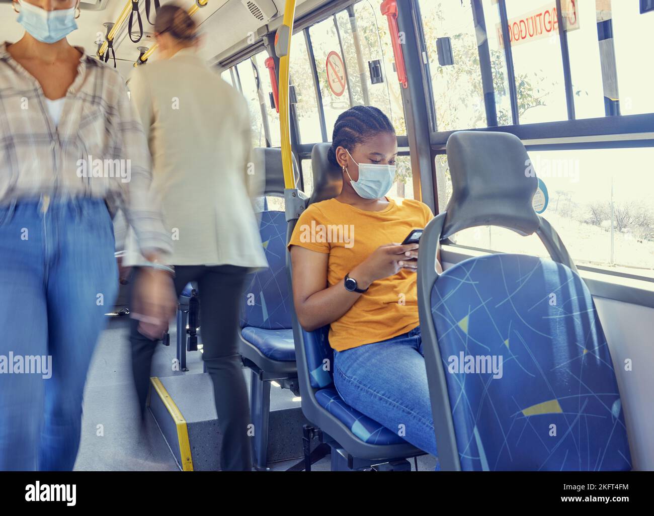 Travel, covid and woman on a bus with face mask for compliance, safety