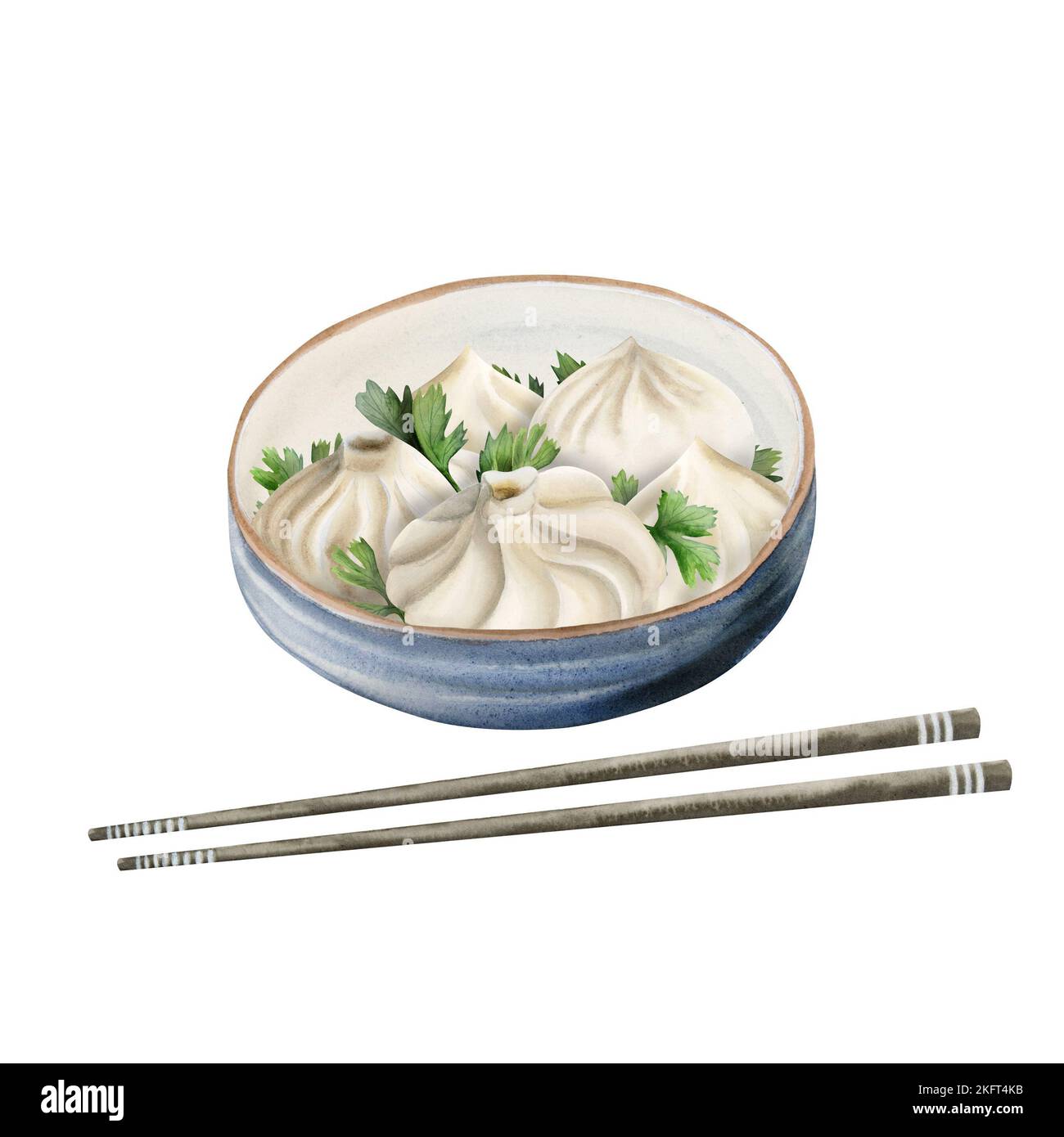 Watercolor ceramic bowl with traditional Chinese dumplings Dim sum with parsley and chopsticks. Hand drawn watercolor illustration isolated on white Stock Photo
