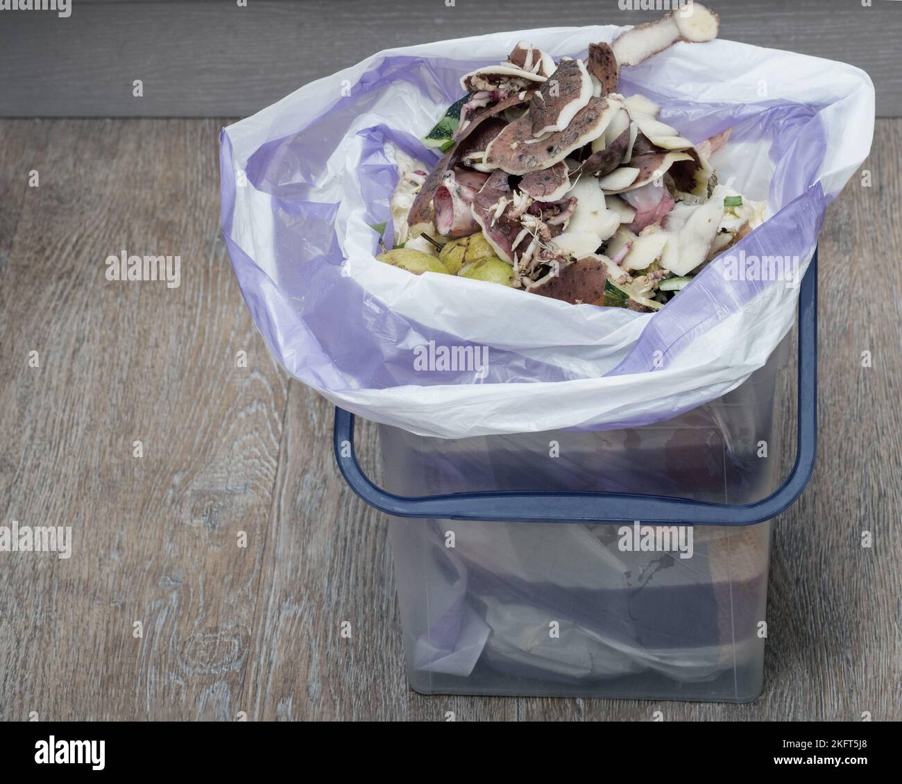Organic waste in kitchen bucket, Food waste for composting and recycling. Recycling of plastic waste. Separate garbage collection. Caring for the envi Stock Photo