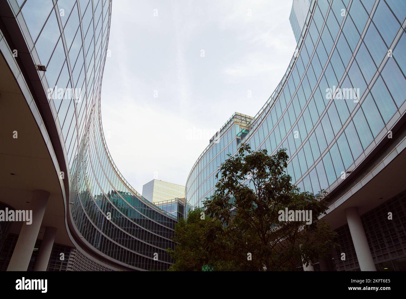 From below curvy contemporary buildings with glass walls located against overcast sky on gray day in city Stock Photo