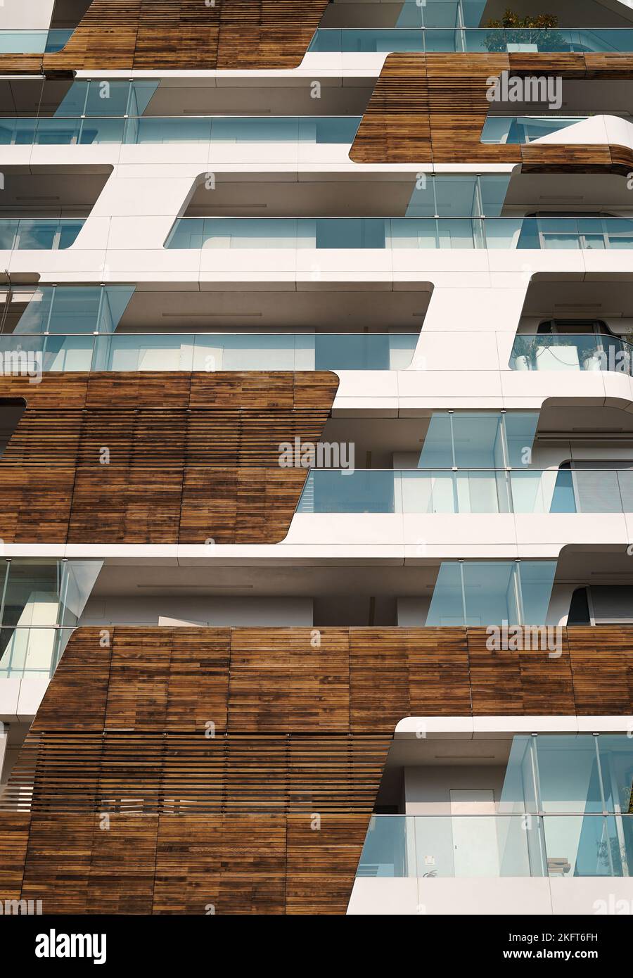 From below exterior of contemporary high rise apartment building