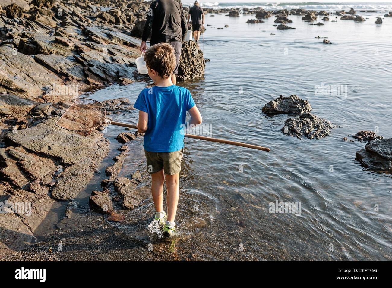 Full body of little boy holding net scoop for fishing in shallow water while standing on coast with stones in sunlight Stock Photo
