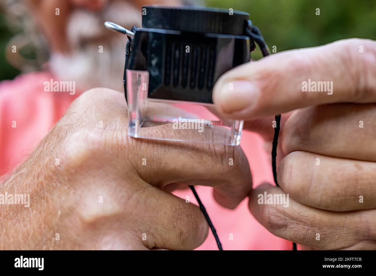 Explorer Magnifier Soft focus of crop anonymous aged male explorer demonstrating magnifier ...