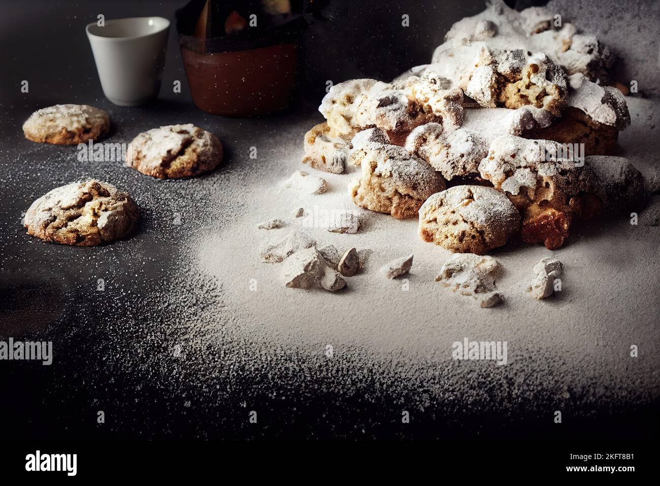 View from above of some Christmas cookies surrounded by flour Stock Photo