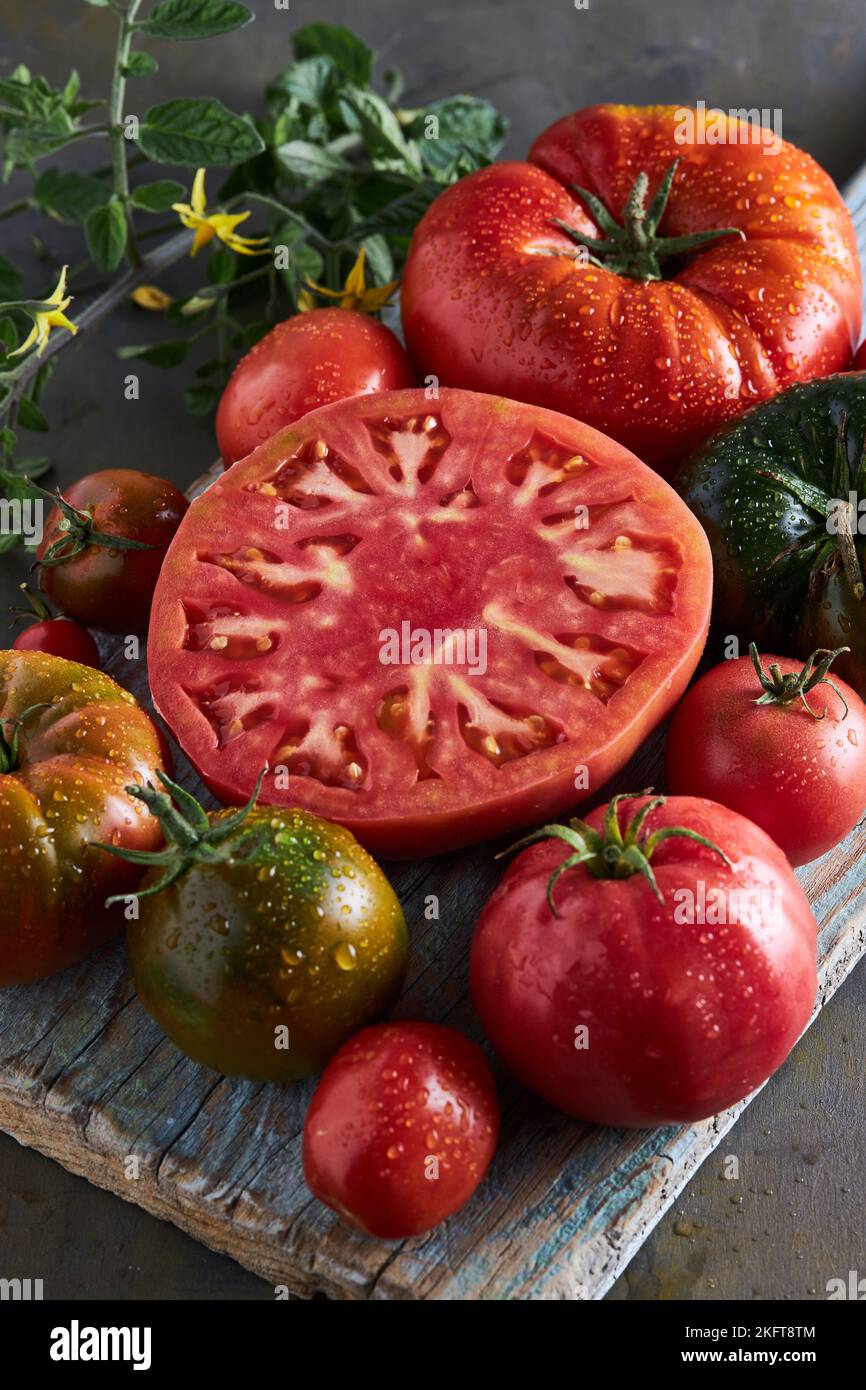 High angle of sliced tomato with salt placed on wooden chopping board among ripe red tomatoes with water drops Stock Photo