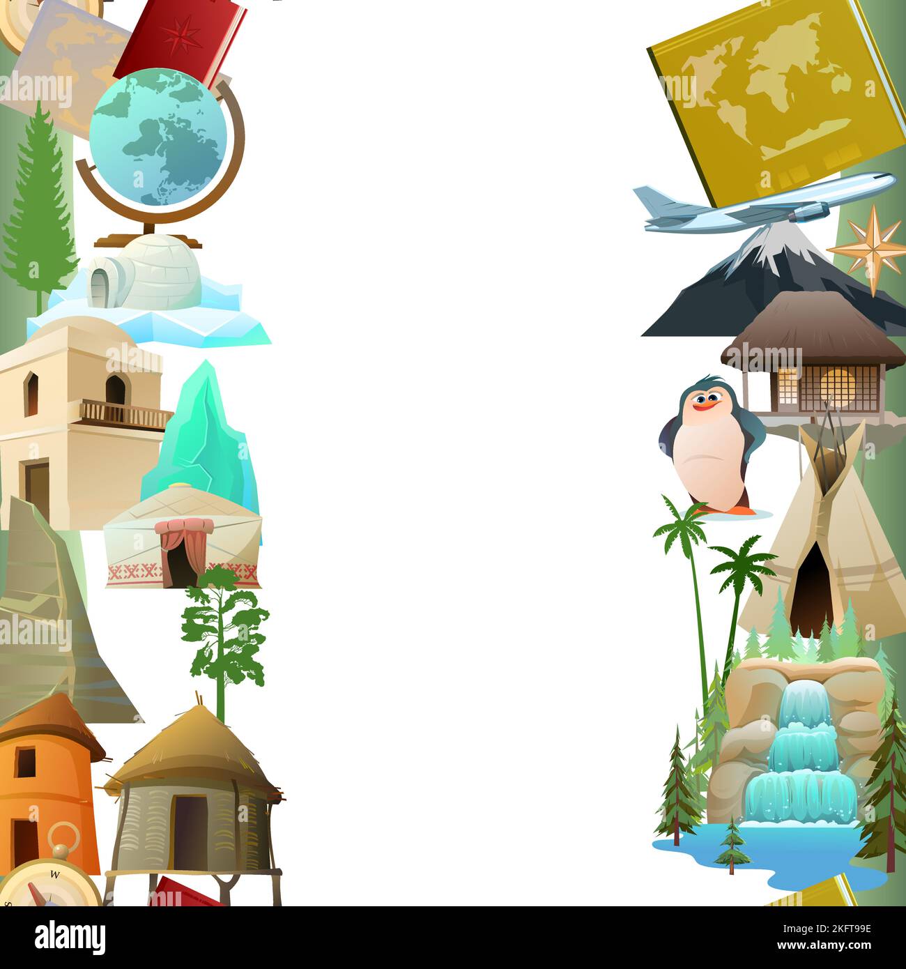 World geography seamless vertical frame. Cartoon style. Travel items and plants trees of climatic zones. Dwellings of different peoples of countries. Stock Vector