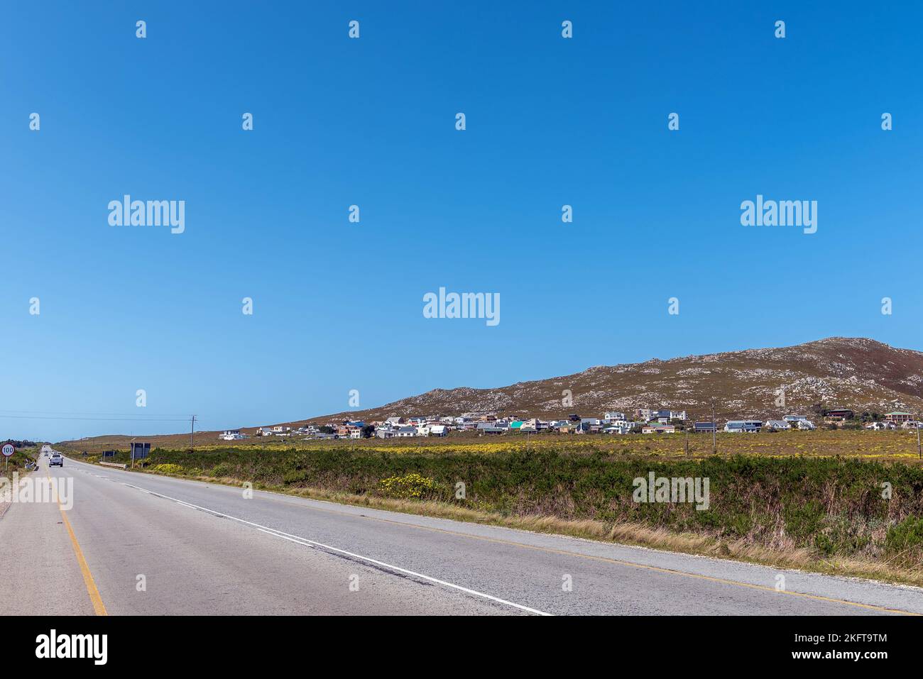Pringlebaai, South Africa - Sep 20, 2022: Landscape on road R44. Pringlebaai on the Western Cape South Coast is visible Stock Photo