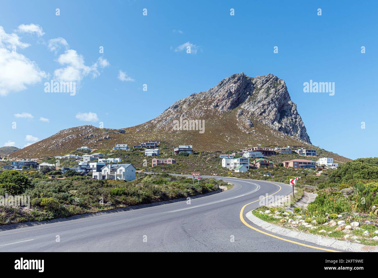 Rooiels, South Africa - Sep 20, 2022: A view of Rooiels on road R44 on the Western Cape South Coast. Houses are visible Stock Photo