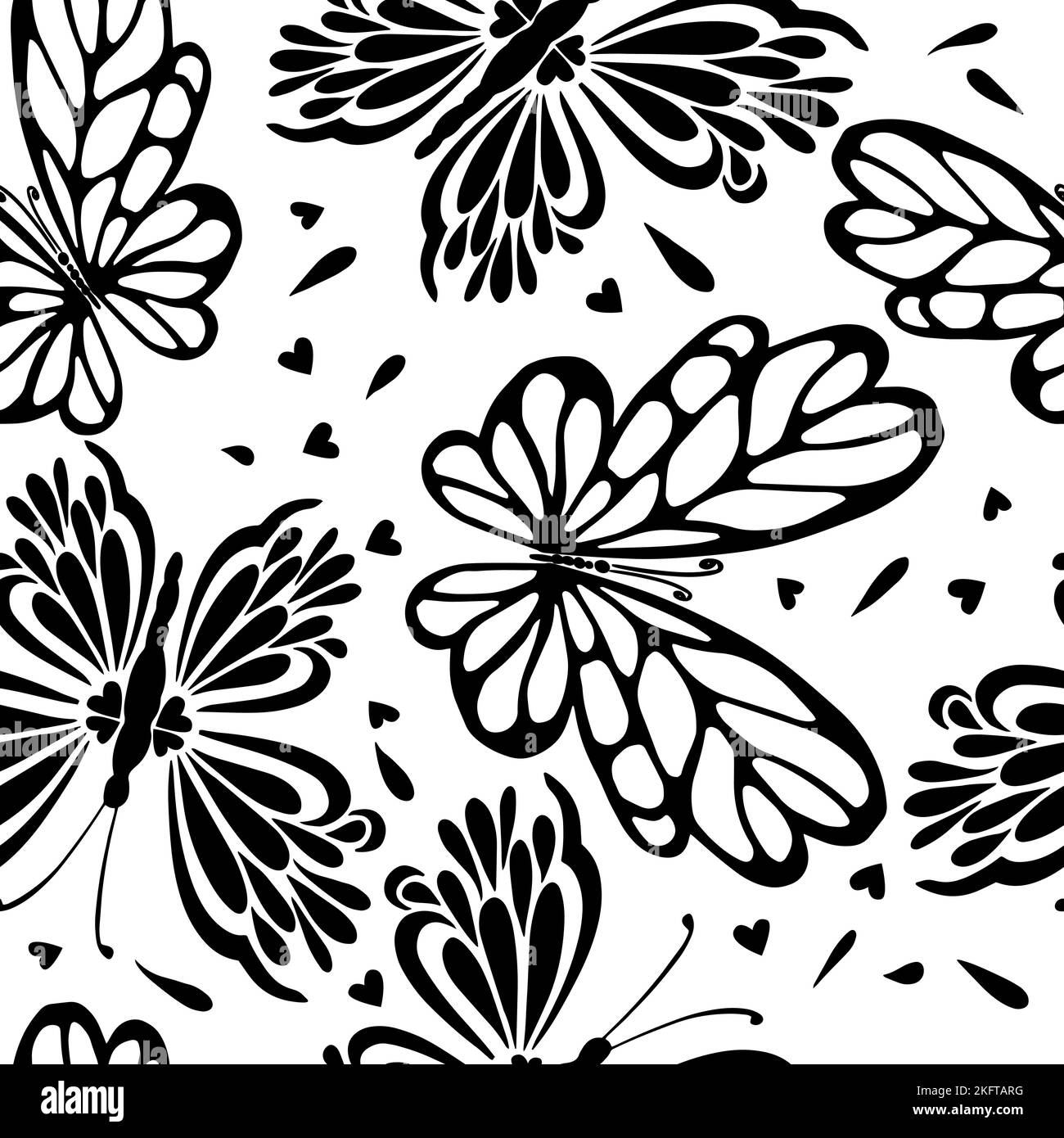 Butterflies seamless monochrome graphic pattern. black and white Vector ...