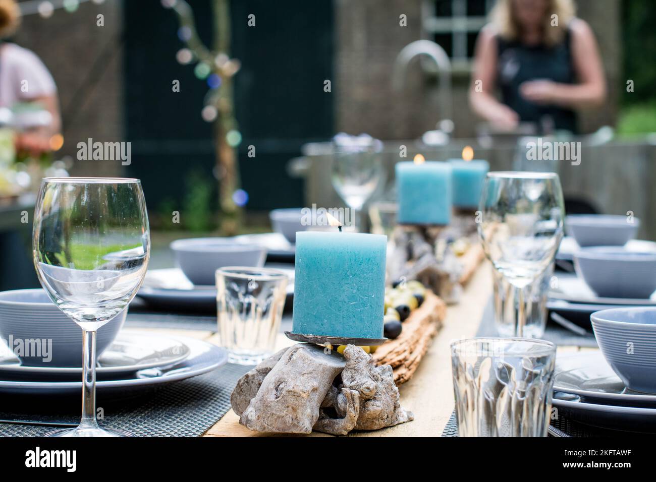 BBQ Outdoor with food preparations. People eating and dining outdoor ...