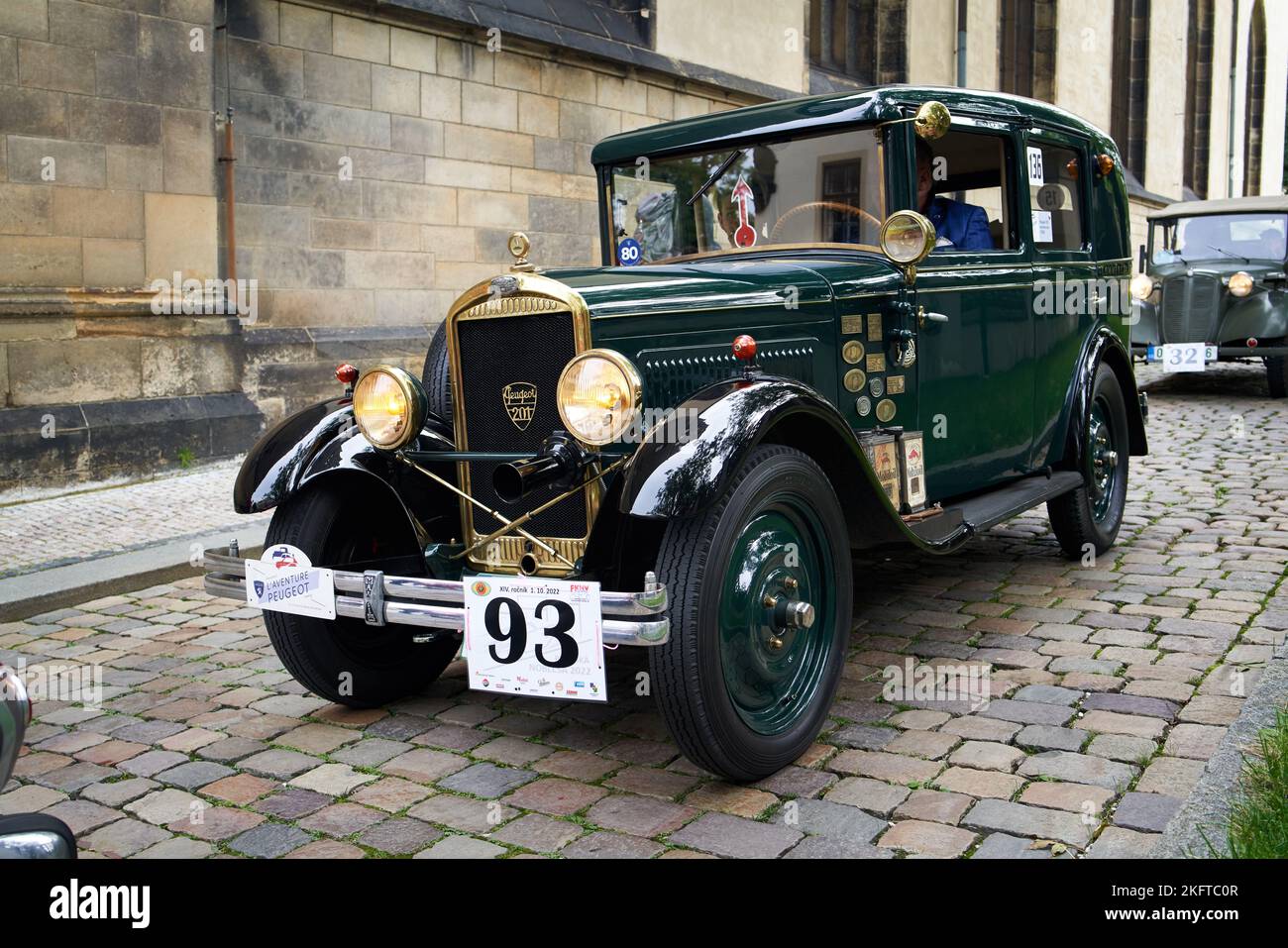 PRAGUE, CZECH REPUBLIC - OCTOBER 1, 2022: Vintage green Peugeot 201 car at the Prazska Noblesa show Stock Photo