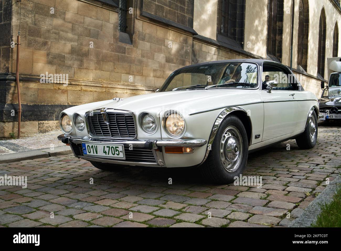 PRAGUE, CZECH REPUBLIC - OCTOBER 1, 2022: Classic retro Jaguar car at