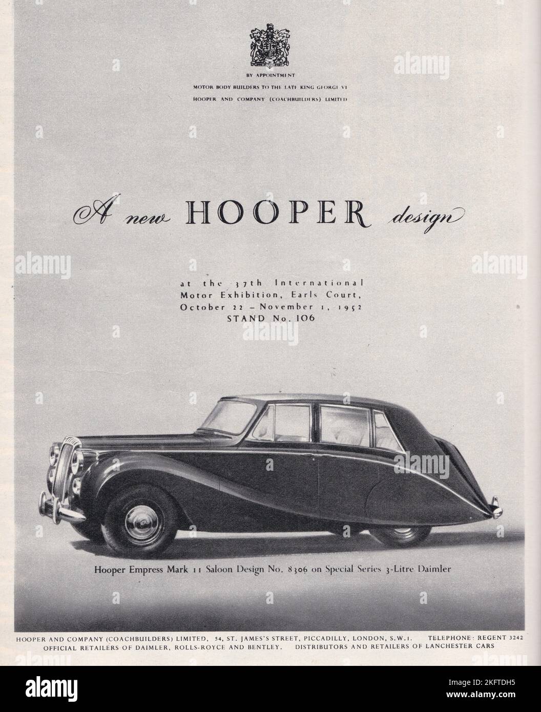 Hooper Empress Mark II Saloon Design No. 8306 on Special Series 3 Litre Daimler vintage advert. Stock Photo
