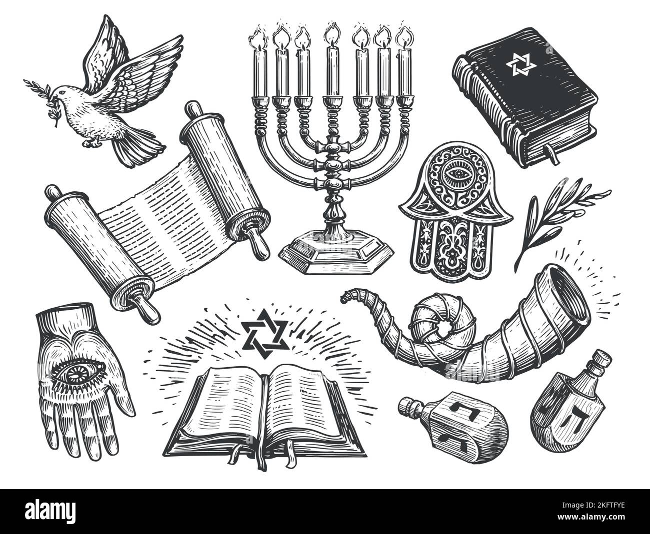 Jewish set sketch. Religion concept vintage vector illustration. Torah scroll, Menorah, Shofar, Miriam hand symbols Stock Vector