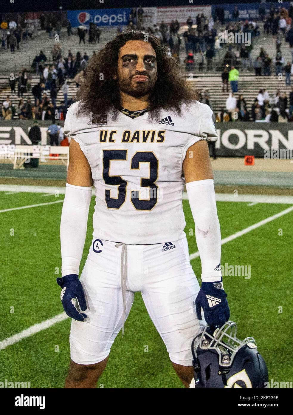 Hornet Stadium. 19th Nov, 2022. U.S.A. UC Davis linebacker Nick Eaton (53) stands in disbelief after a lost in the NCAA Causeway Classic Football game between UC Davis Aggies and the Sacramento State Hornets. Sacramento State beat UC Davis 27-21 at Hornet Stadium. Thurman James/CSM/Alamy Live News Stock Photo