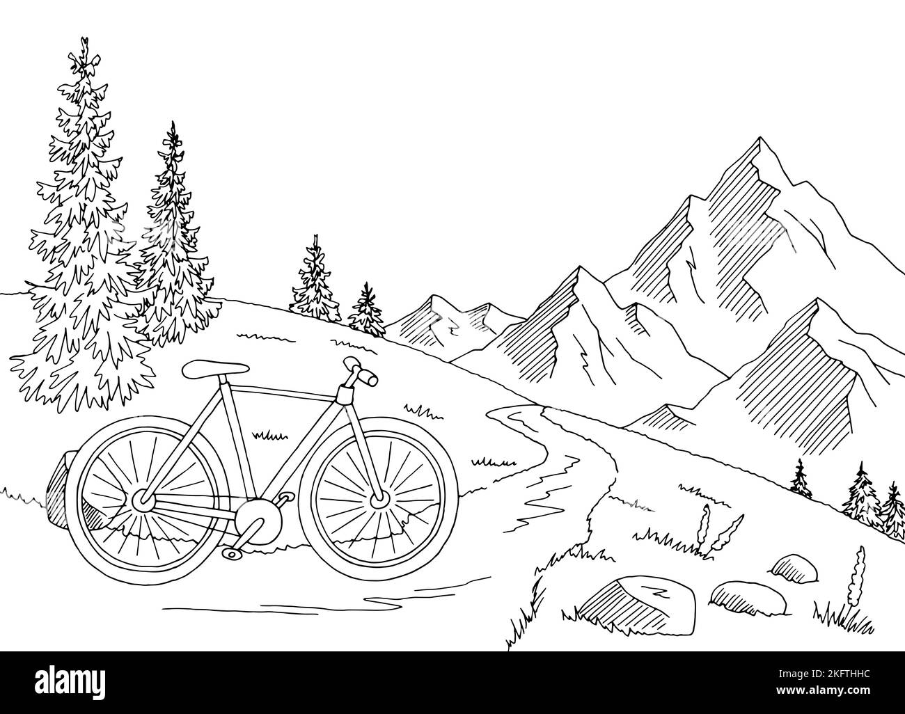 Bicycle in mountain graphic black white landscape sketch illustration vector Stock Vector