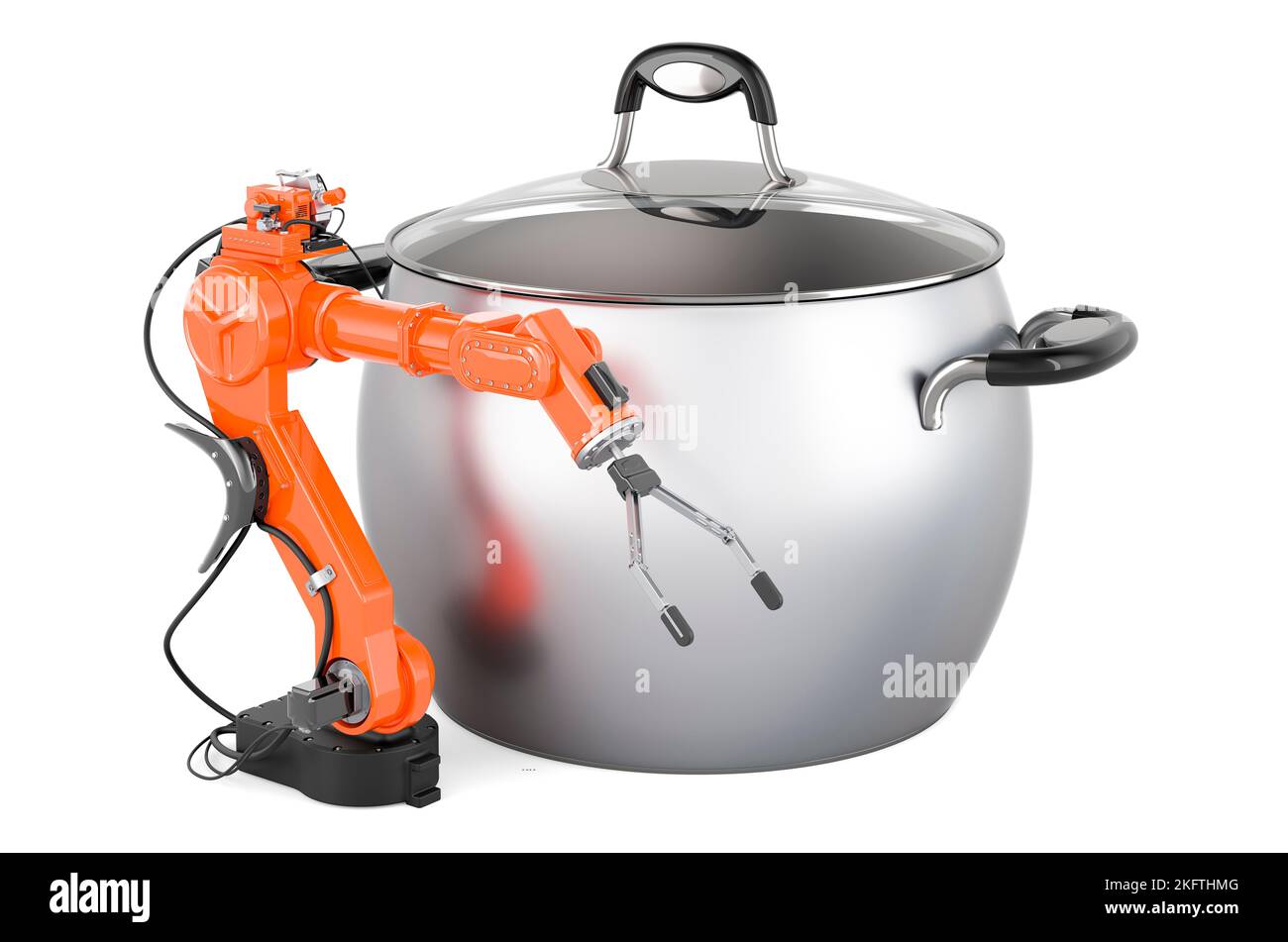 Cooking Robot Arm concept. Steel stock pot with mechanical arm, 3D
