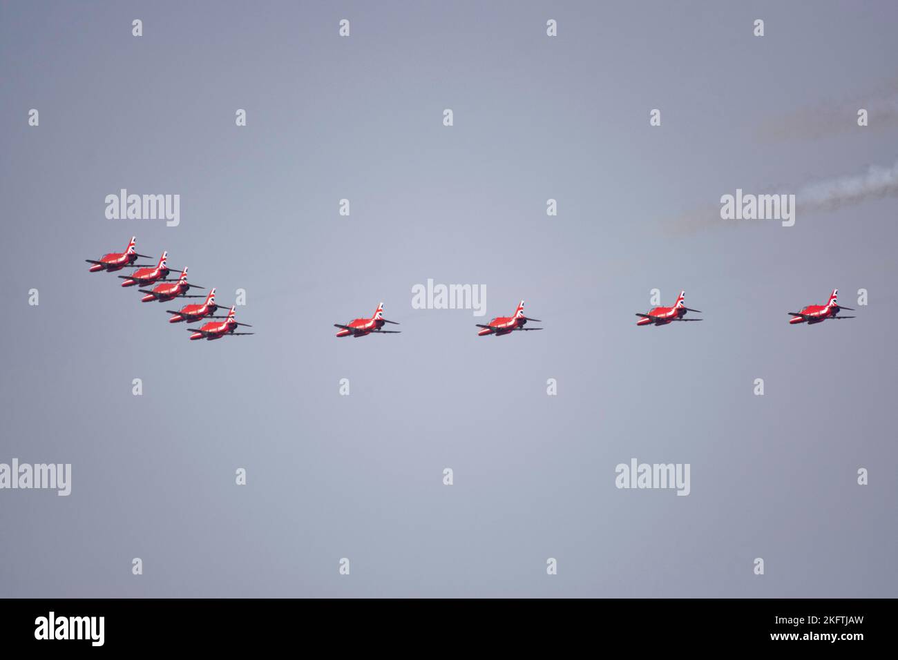 Red Arrows in flight formation Stock Photo