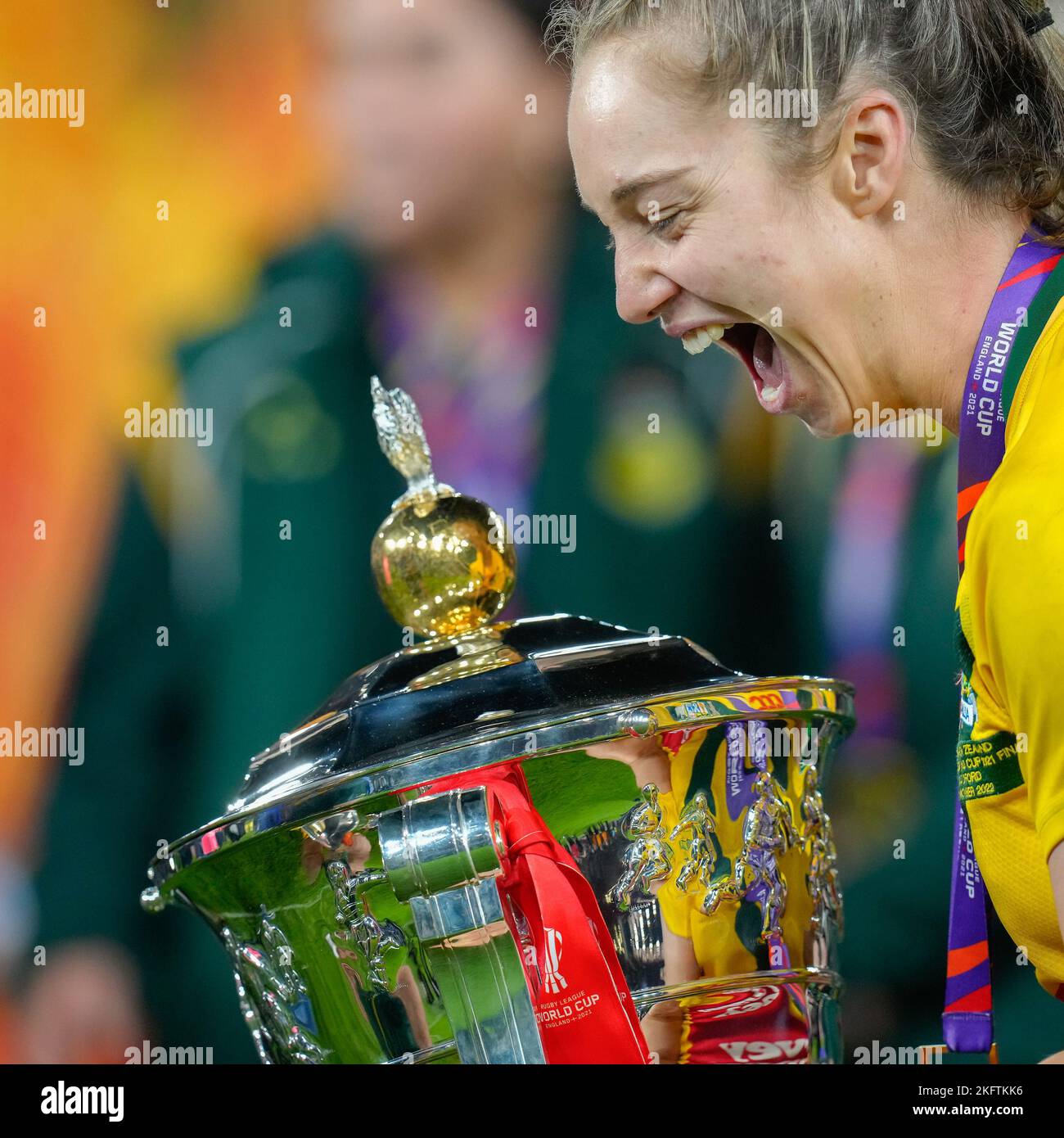 Manchester, UK. 03rd Nov, 2022. Kezie Apps of Australia (1) celebrates with the trophy after winning the 2021 Women's Rugby League World Cup Final match between Australia and New Zealand at Old Trafford, Manchester, England on 19 November 2022. Photo by David Horn. Credit: PRiME Media Images/Alamy Live News Stock Photo