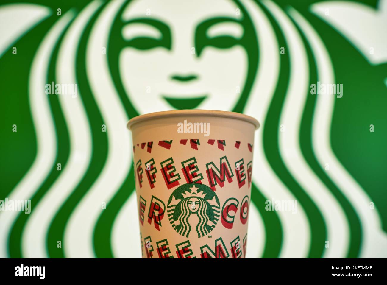 SHENZHEN, CHINA - CIRCA NOVEMBER, 2019: close up shot of paper cup from ...