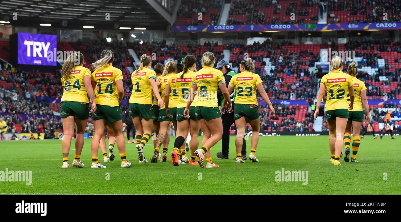 Manchester   ENGLAND - NOVEMBER 19.The  Australia Womens team  during  the Rugby league World Cup Womens Final  between Australia and New Zealand  at the Old Trafford   on November 19 - 2022 in Manchester England. Stock Photo